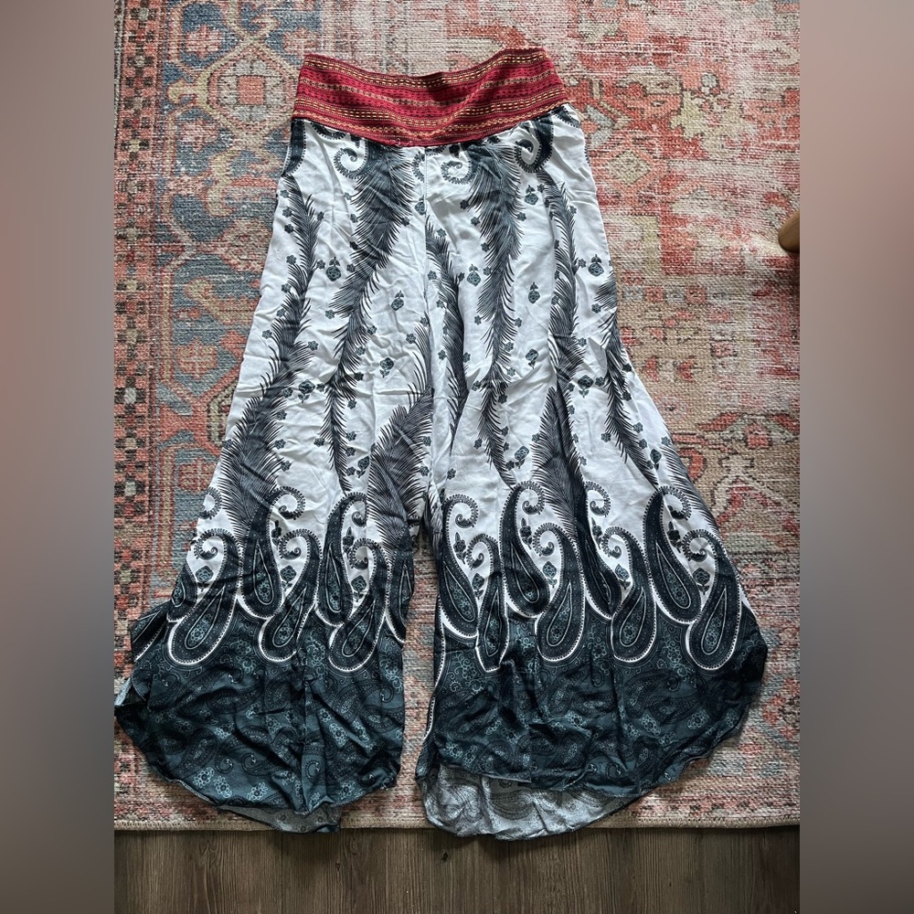 Bohemian Wide-Leg Pants with Red Waistband